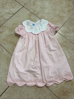 Anavini Girls Pink Gingham Dress - Birthday Shadow Embroidery Scallop Collar